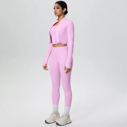 Rosa Yoga-Set mit Zip-Top und High-Waist-Leggings, schräger Blick