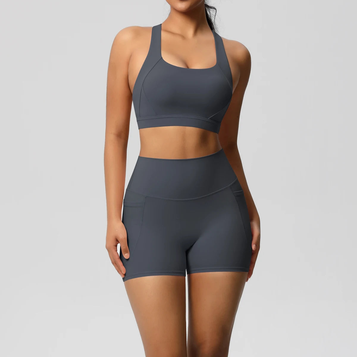Damen Yoga-Set mit Sport-Bustier und Shorts, dunkelgrau