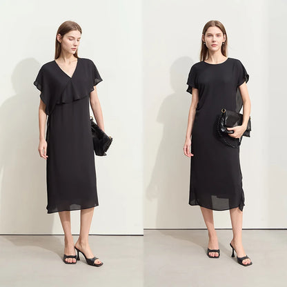 Stilvolles Chiffon Midi Kleid Damen V Ausschnitt Weicher Sommerstoff