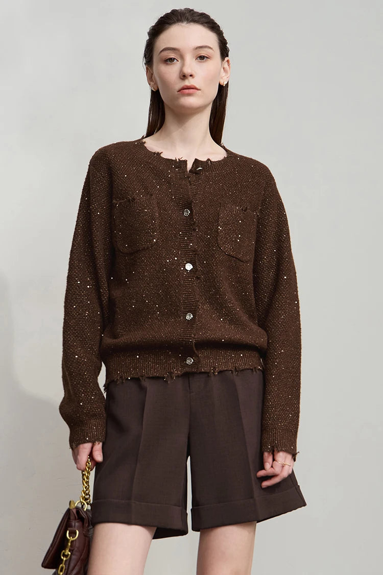 Damen-Strickjacke Rundhals englischer Stil einfarbig elegant Herbst