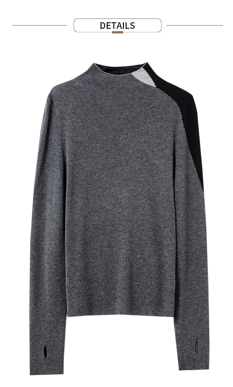 Dunkelgrauer Damenpullover mit Stehkragen, langarm, schmaler Passform und Raglan-Optik