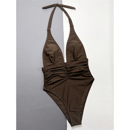 Damen Badeanzug tiefer V-Ausschnitt Neckholder gerüscht hoher Beinausschnitt Monokini
