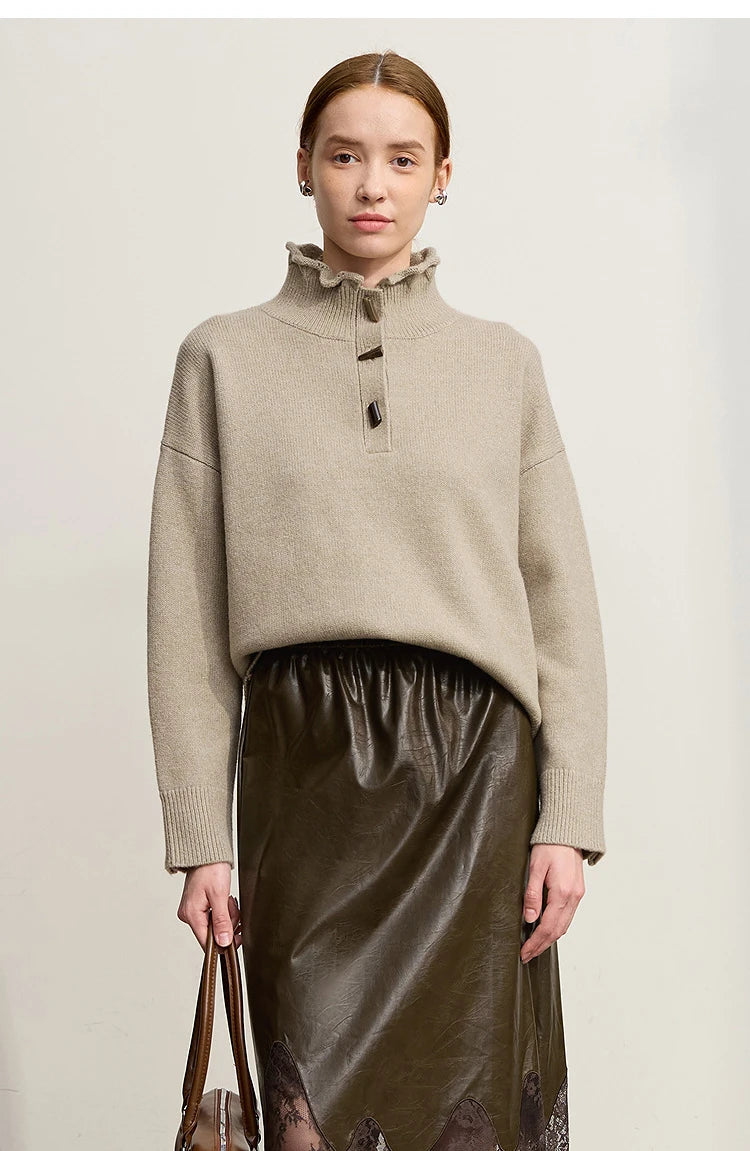 Damen-Rollkragenpullover locker Knopf Raglanärmel Winter