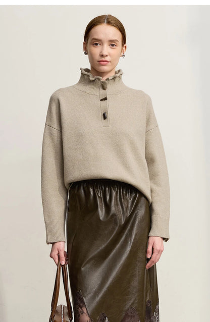 Damen-Rollkragenpullover locker Knopf Raglanärmel Winter