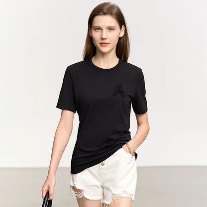 Damen Top im minimalistischen Stil mit Bären-Applikation und O-Ausschnitt