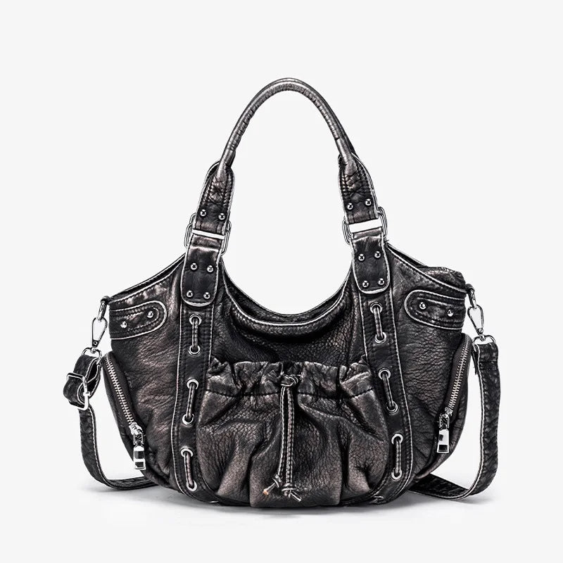 Damen-Hobo-Tasche aus Kunstleder in Silber mit Verstellbarem Tragegurt und Mehrfachfächern
