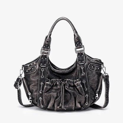 Damen-Hobo-Tasche aus Kunstleder in Silber mit Verstellbarem Tragegurt und Mehrfachfächern