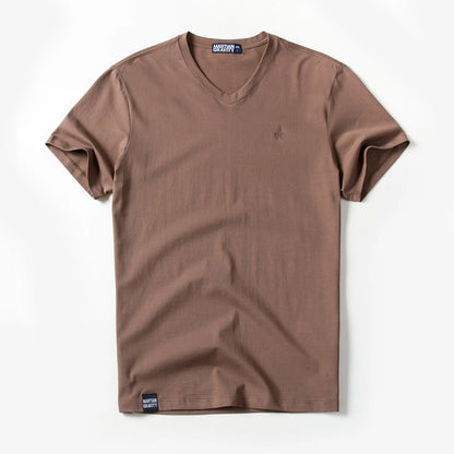 Männer T-Shirt aus einfarbigem Baumwollstoff mit V-Ausschnitt und kurzen Ärmeln