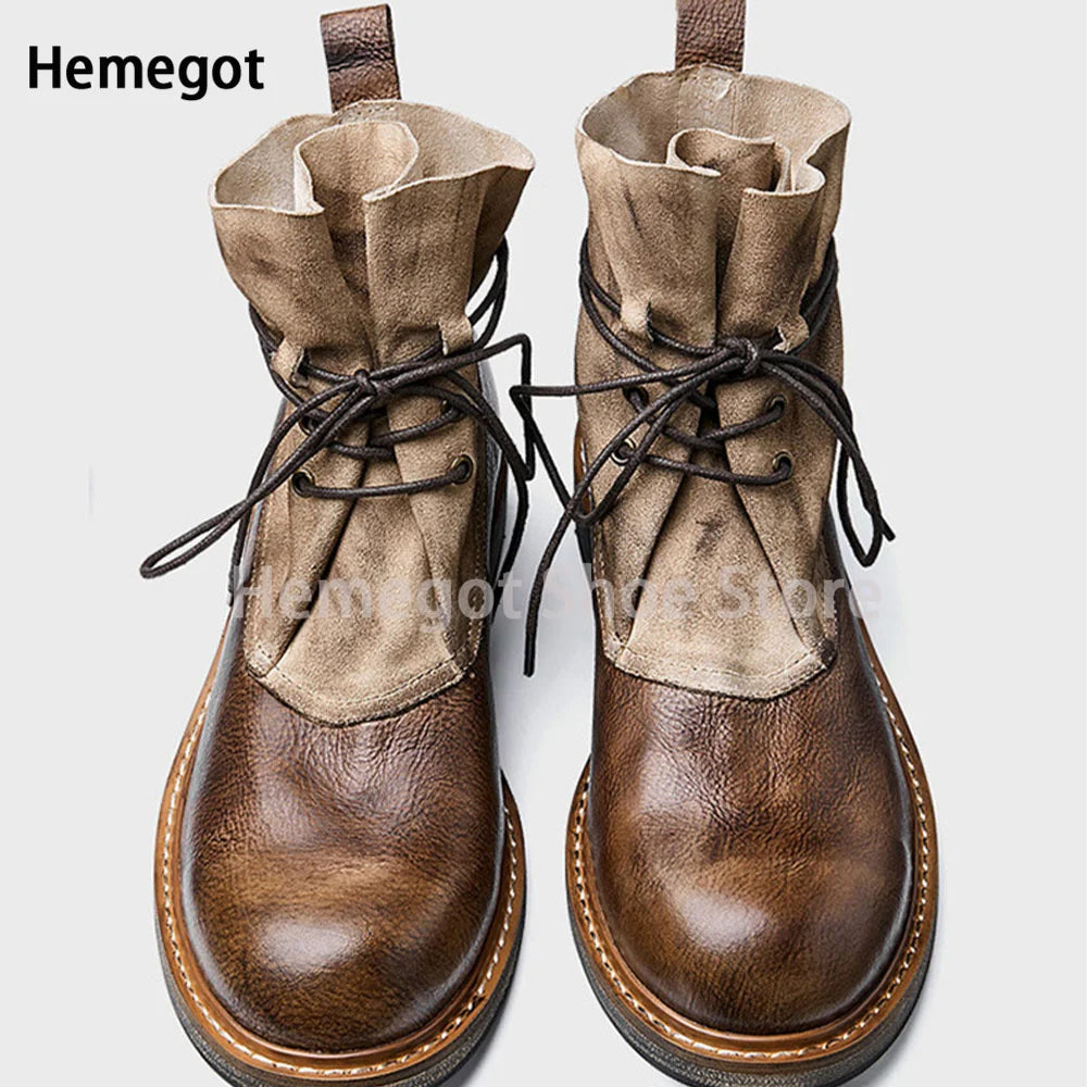 Handgefertigte Schnürstiefel mit rundem Zeh, braunes Leder, Paar-Ansicht