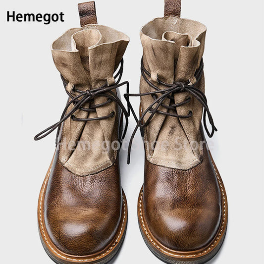 Handgefertigte Schnürstiefel mit rundem Zeh, braunes Leder, Paar-Ansicht