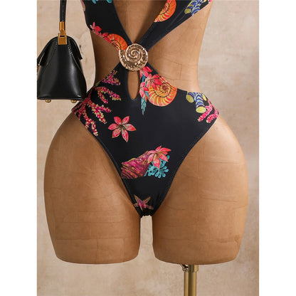 Damen Badeanzug Blumendruck One-Shoulder asymmetrisch Cut-Out Monokini gepolstert