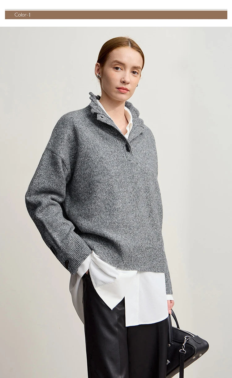 Damen-Rollkragenpullover locker Knopf Raglanärmel Winter