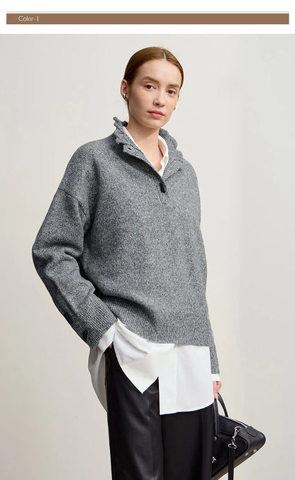 Damen-Rollkragenpullover locker Knopf Raglanärmel Winter