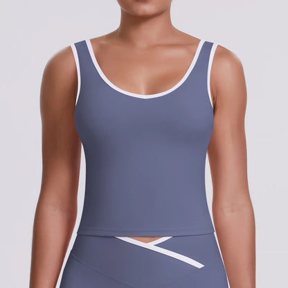 Strick-Crop-Top ohne Ärmel, blau mit weißem Rundhalsausschnitt und Kanten