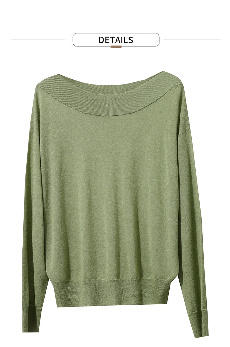 Olivgrüner Damen-Strickpullover mit weitem Ausschnitt, lange Ärmel und gerippter Saumkante