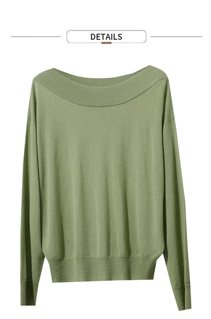Olivgrüner Damen-Strickpullover mit weitem Ausschnitt, lange Ärmel und gerippter Saumkante