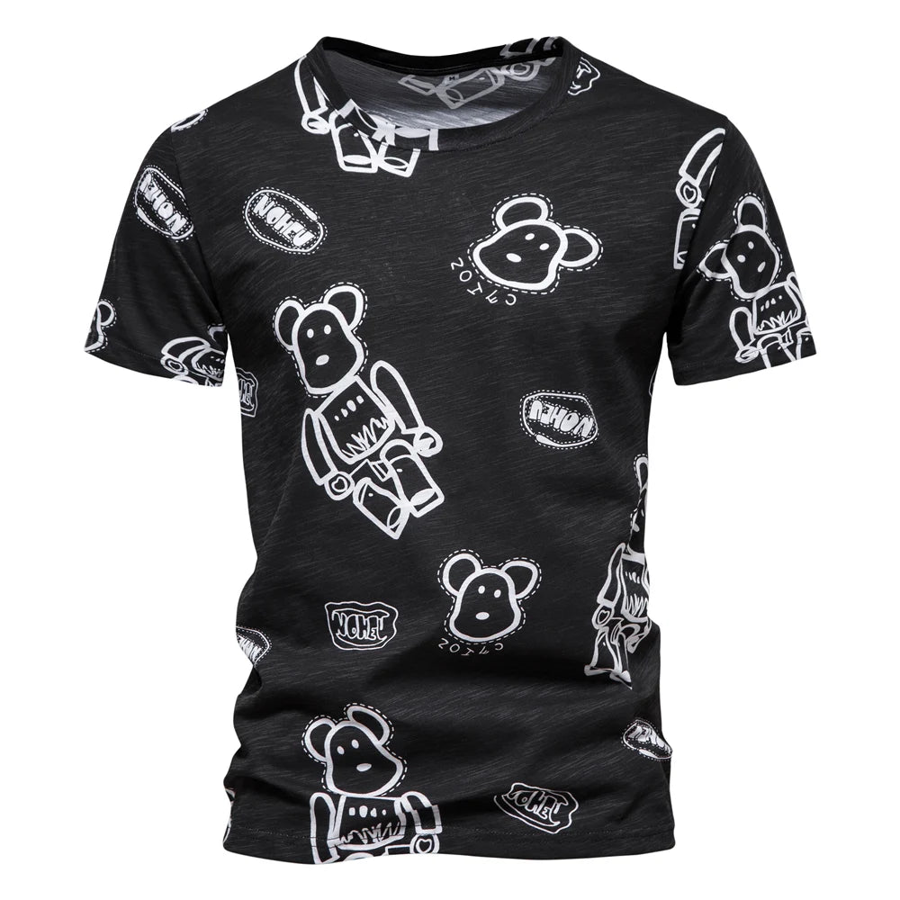 Herren-T-Shirt mit Rundhals, schwarz mit weißen Bärchen- und Label-Prints