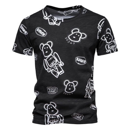 Herren-T-Shirt mit Rundhals, schwarz mit weißen Bärchen- und Label-Prints