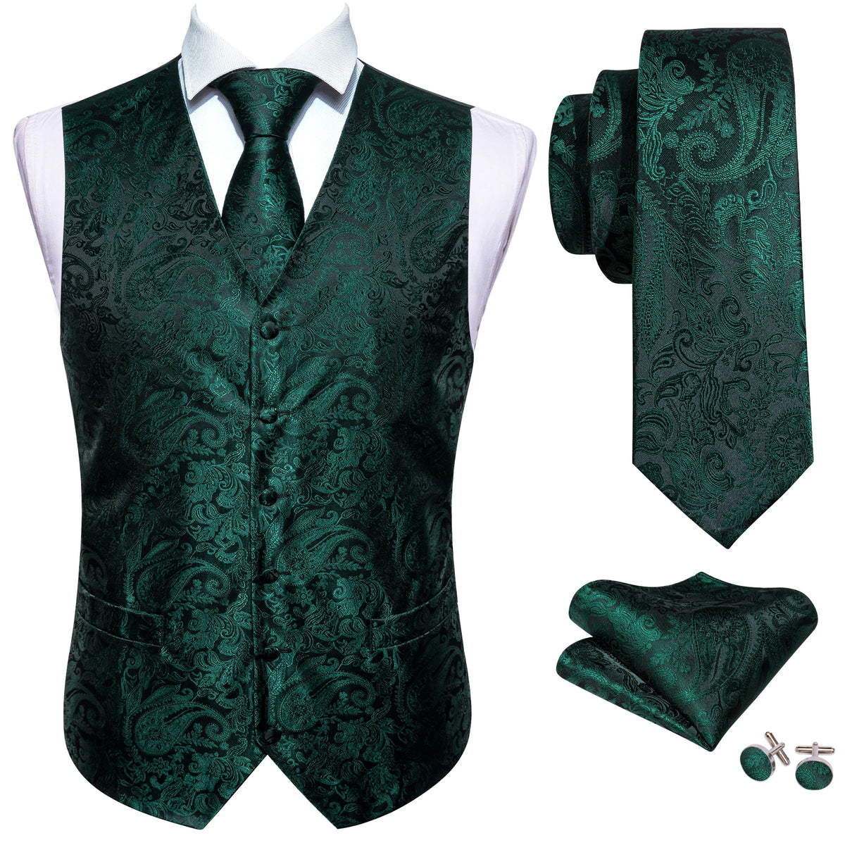 Seidenweste-Set für Herren: dunkelgrüne Weste mit Paisley-Ornamenten, inkl. Krawatte & Einstecktuch.