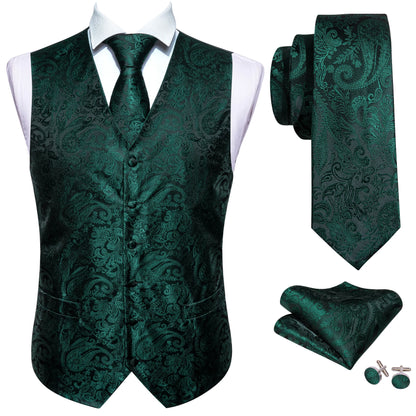 Seidenweste-Set für Herren: dunkelgrüne Weste mit Paisley-Ornamenten, inkl. Krawatte & Einstecktuch.