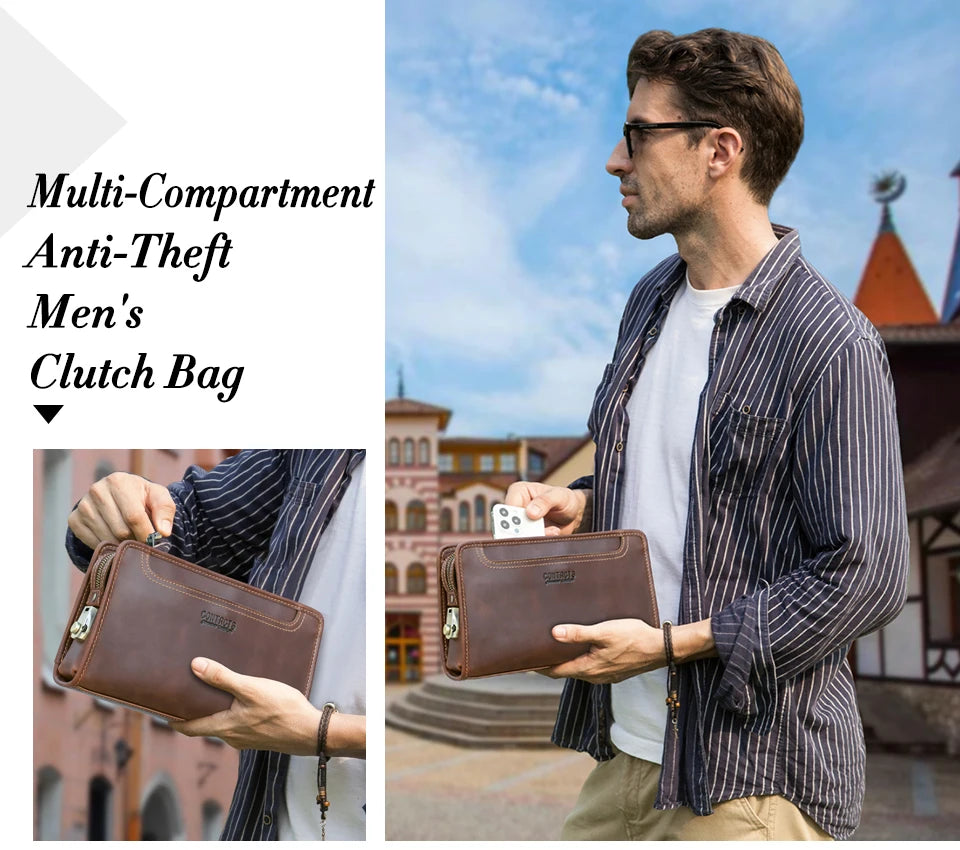 Braune Herren-Clutch aus Leder mit Handschlaufe, mit Reißverschluss und Frontlogo