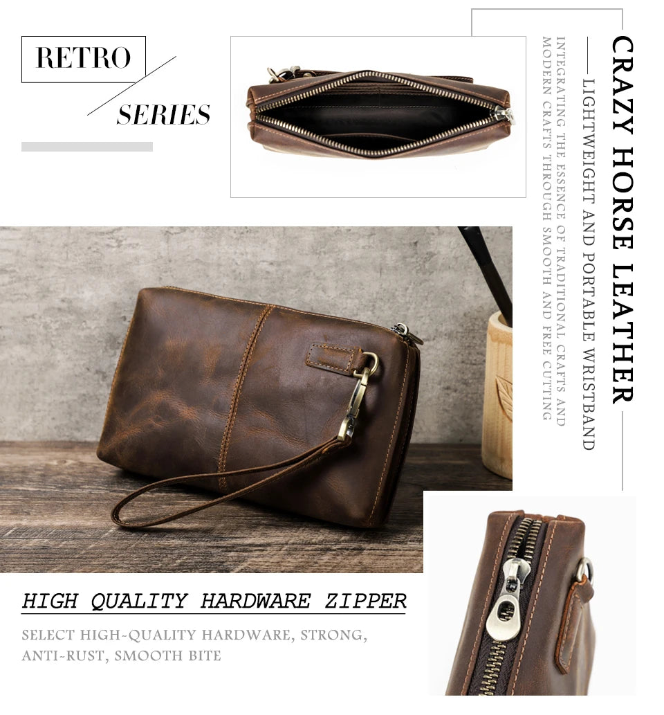 Braune Leder-Clutch mit Reißverschluss, Metallöse und kurzem Riemen