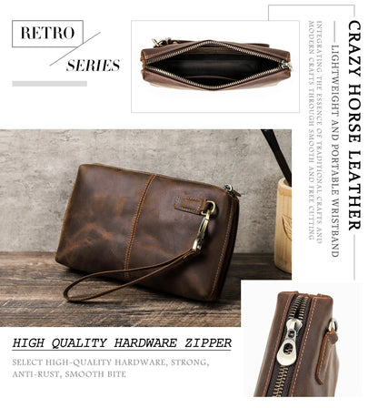 Braune Leder-Clutch mit Reißverschluss, Metallöse und kurzem Riemen