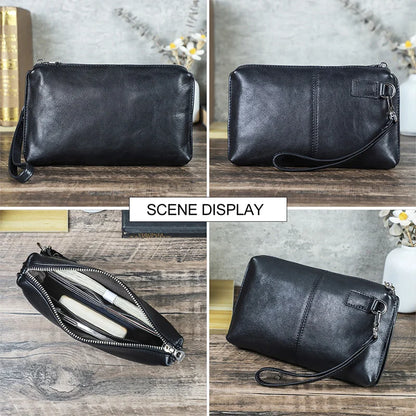 Schwarze Echtleder-Handtasche für Herren mit Reißverschluss und abgerundeter Frontklappe