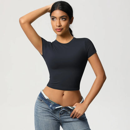 Yoga-Top für Damen, schwarz, kurze Ärmel, eng anliegend
