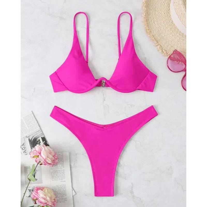 Sexy Bikini-Set mit Push-up-Effekt – Solides Design für Strand und Pool