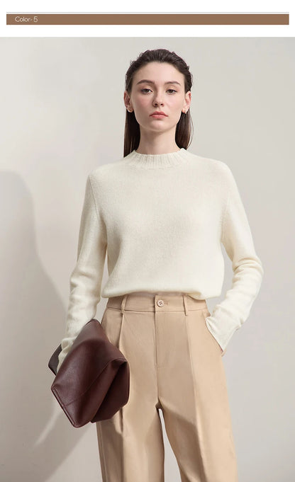 Damenpullover aus Wolle, cremefarben, Rundhalsausschnitt, lange Ärmel, locker geschnitten
