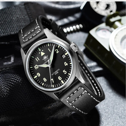 Herren-Vintage-Automatikuhr mit Lederarmband und C3-Leuchtmasse