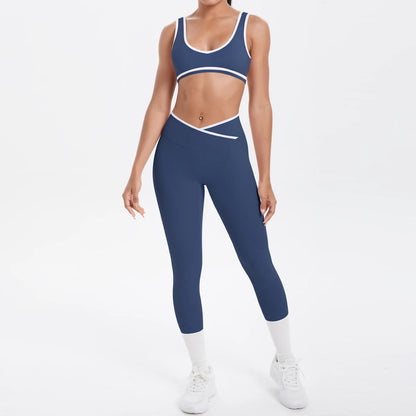 Blaugraues Damen-Yoga-Set mit Push-up-BH und 3/4-Leggings, weißes Zierband