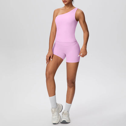 Yoga-Set mit einarmigem BH-Top und Shorts, hellrosa, ärmellos, körpernah