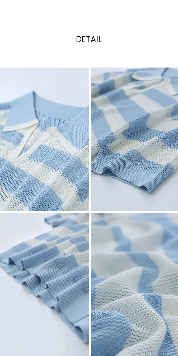 Damen-Polopullover aus Strick, hellblau-weiß geringelt, Kurzarm mit breitem Kragen