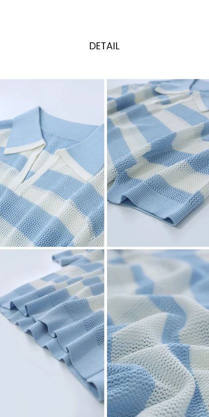 Damen-Polopullover aus Strick, hellblau-weiß geringelt, Kurzarm mit breitem Kragen