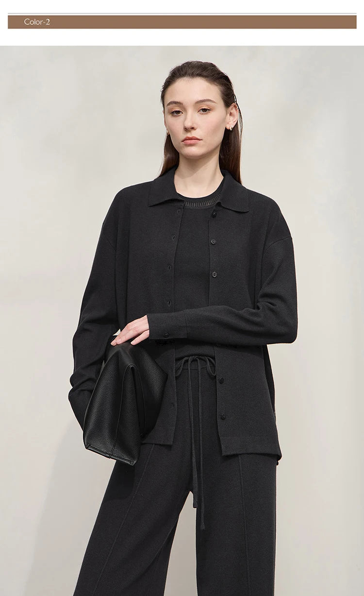Damen-Strickjacke lang Seide-Wolle Umlegekragen locker Herbst