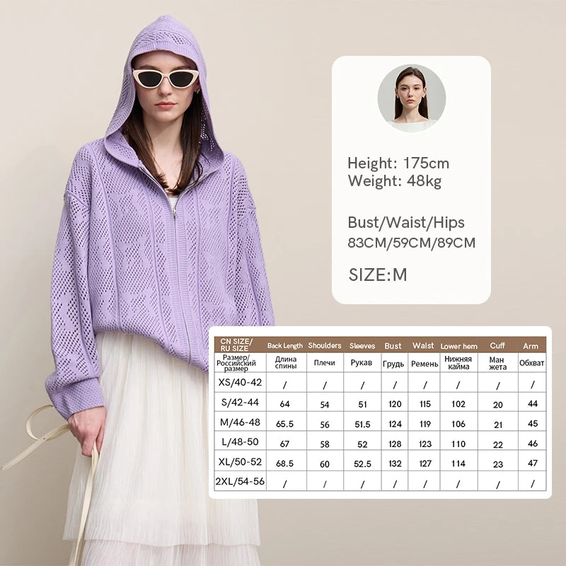 Damen-Strickjacke Kapuze Jacquard Hohlstrick Doppelreißverschluss locker Frühling