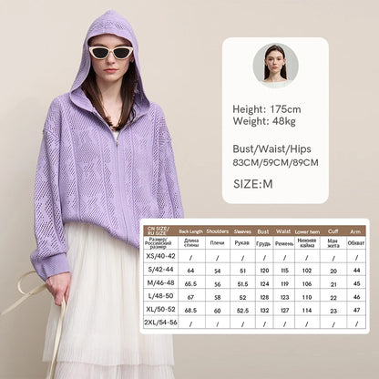 Damen-Strickjacke Kapuze Jacquard Hohlstrick Doppelreißverschluss locker Frühling