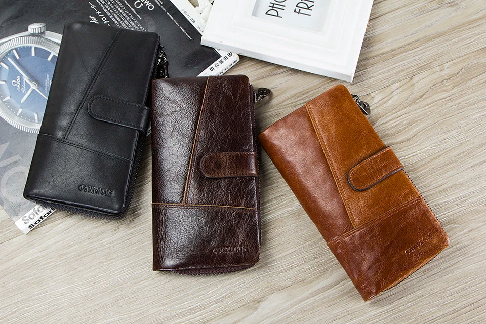 Herren Echtleder Lange Geldbörse Vintage Bifold Reißverschluss Kartenhalter Geldclip