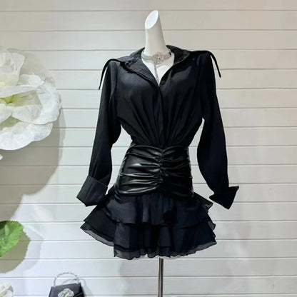 Farbblock-Spitzen-Jumpsuit für Damen mit Reverskragen und langen Ärmeln – Patchwork-Design und figurbetonte Passform.