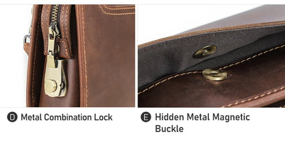Metall-Kombinationsschloss und versteckter Magnetverschluss an der Ledertasche