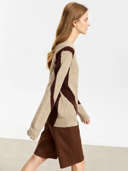 Damen-Rundhalspullover Wolle Yak asymmetrisch Patchwork locker Winter