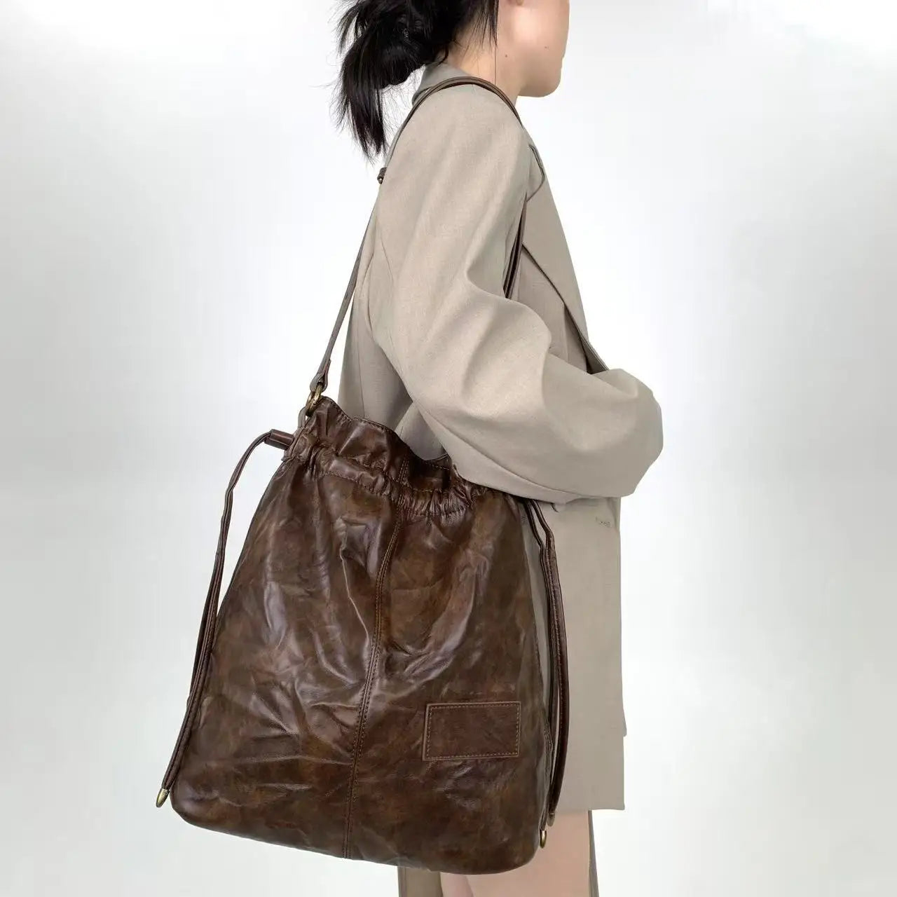 Damen-Top-Handle-Tasche Großes Fassungsvermögen mit Kordelverschluss Innenfächern für Handy Geldbörse