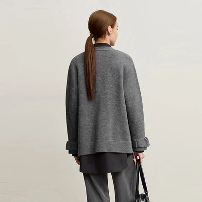 Damen-Strickjacke Wolle V-Ausschnitt Pendler einreihig locker Winter