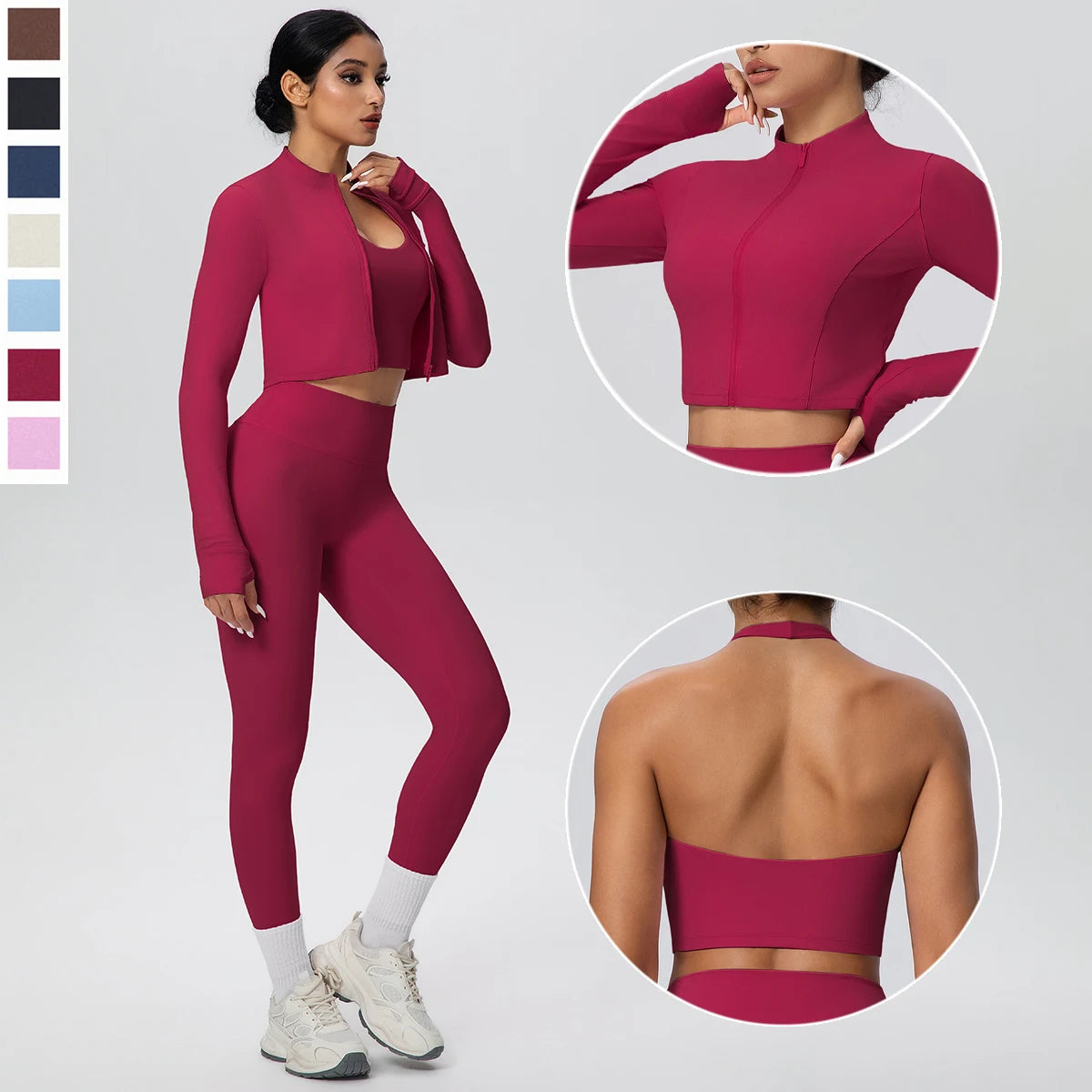 Damen-Yoga-Set in Bordeaux: Crop-Top, hochtaillierte Leggings und Langarmjacke, Setansicht
