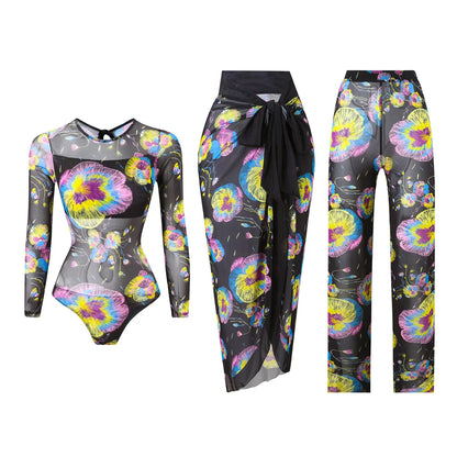 Damen-Badeanzug 3-teilig Print Langarm Sarong-Set gepolstert