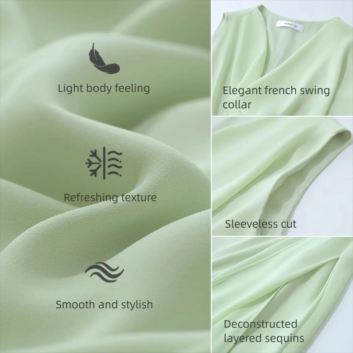 Hellgrüner Stoff für ein ärmelloses Sommerkleid mit weichem, fließendem Faltenwurf