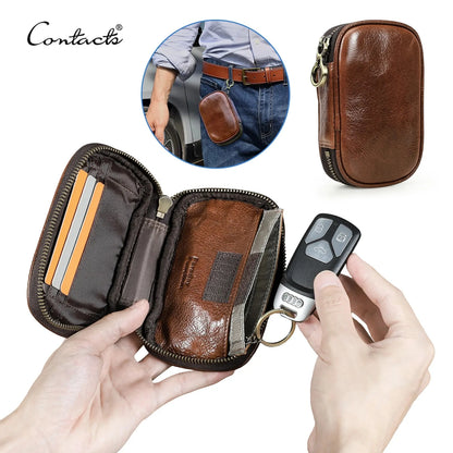 Braunes Echtleder-Autoschlüssel-Etui mit Reißverschluss und Schlüsselanhänger-Schlaufe.