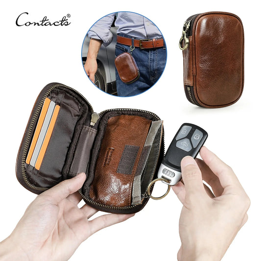 Braunes Echtleder-Autoschlüssel-Etui mit Reißverschluss und Schlüsselanhänger-Schlaufe.